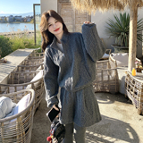 灰色慵懒风针织毛领开衫套装女秋冬季松弛感休闲运动短裤两件套，女装套装/套裙，2C166