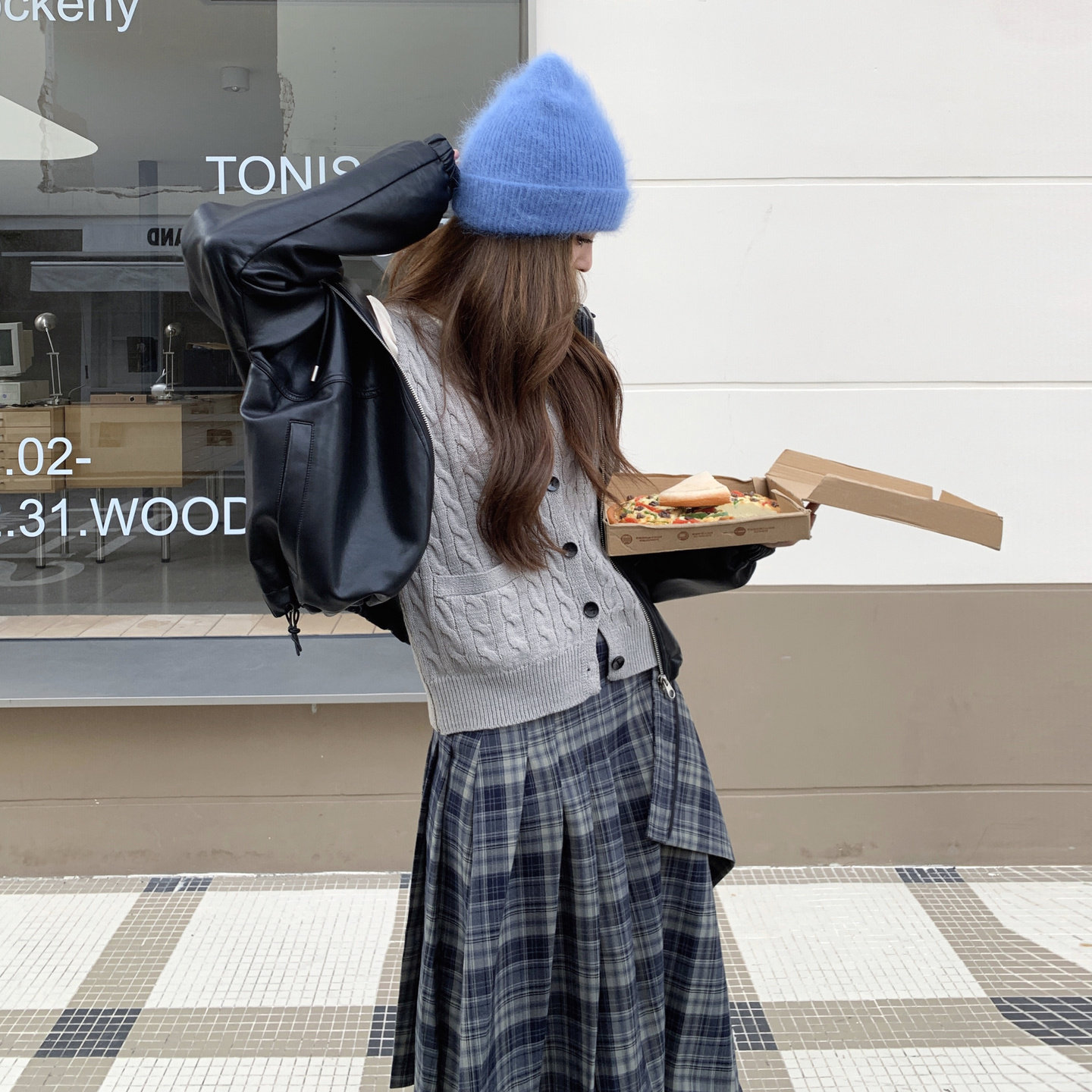 氛围感休闲套装女2025秋季新款洋气时髦皮衣外套格子半身裙两件套,女装短外套,2C321