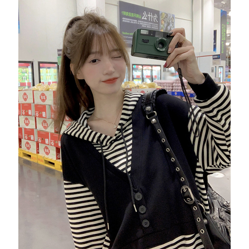 ()连帽条纹拼接卫衣2C373-D0910-P105K158,女装卫衣/绒衫,2C373