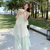 海边度假风无袖挂脖连衣裙女夏季2025新款气质绝美超好看仙女长裙，女装连衣裙，2C131