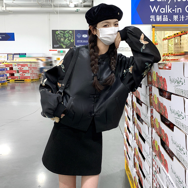 黑色新中式国风刺绣皮衣外套女短款2025春秋新款小个子设计感夹克,女装皮衣,2C098