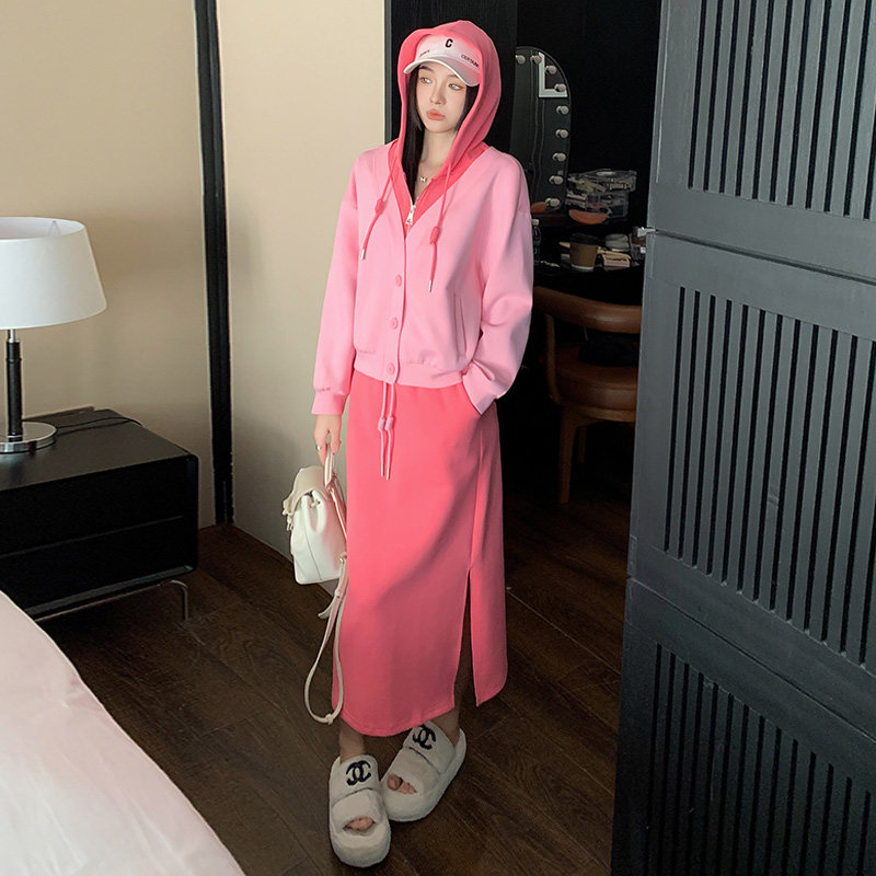女春季新款潮牌连帽卫衣开叉半身裙两件套潮图片