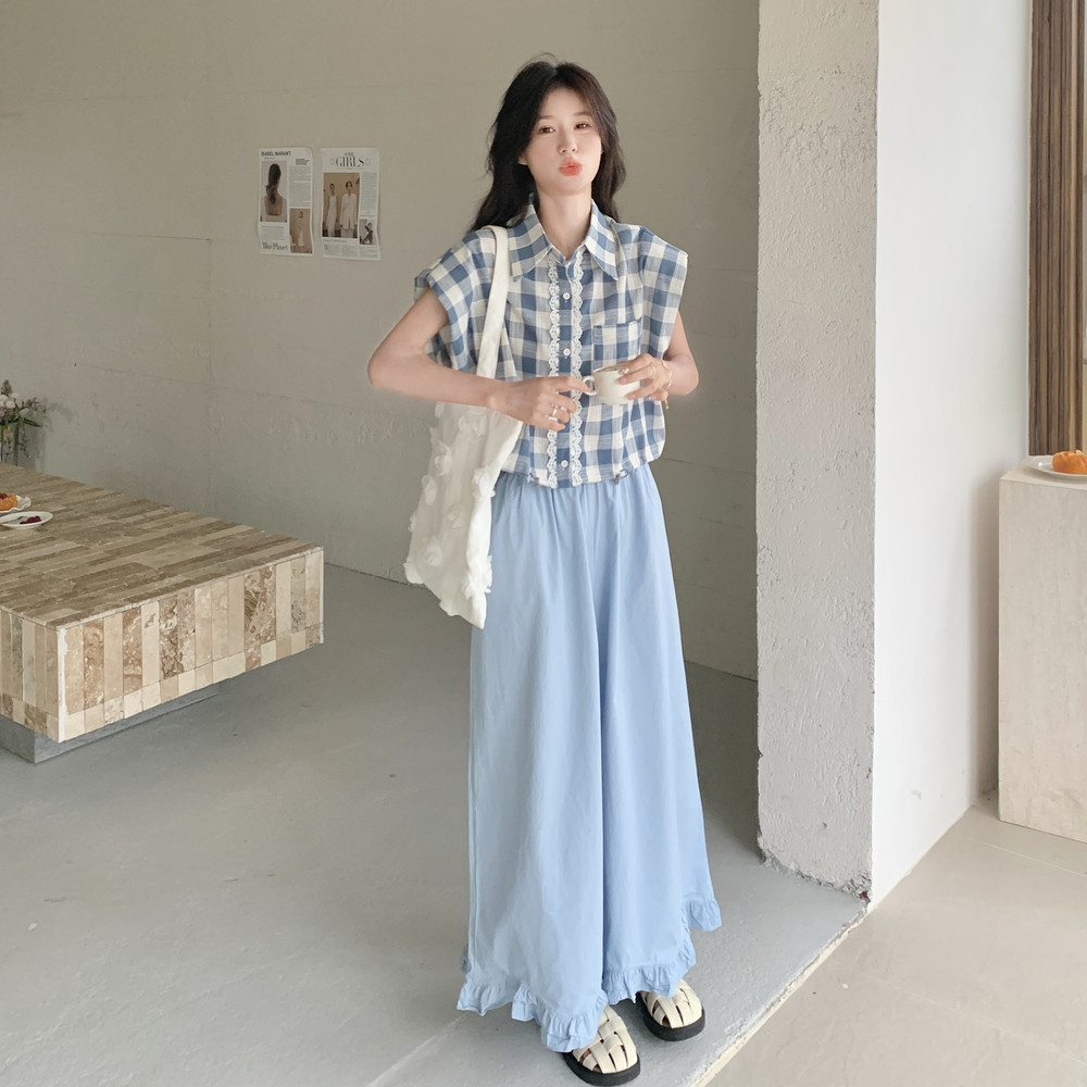 韩系甜美学院风蕾丝花边格子衬衣套装女夏季2025新款阔腿裤两件套,女装套装/套裙,2C135