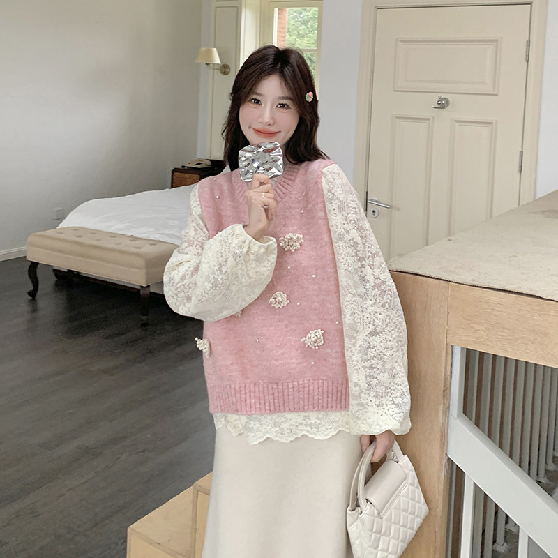 韩系甜美套装女2025春新款粉色钩花针织马甲蕾丝打底衫两件套,女装套装/套裙,2C166