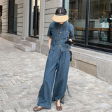 新品新中式牛仔盘扣衬衫阔腿裤套装2582-P145-K218，女装套装/套裙，2C159