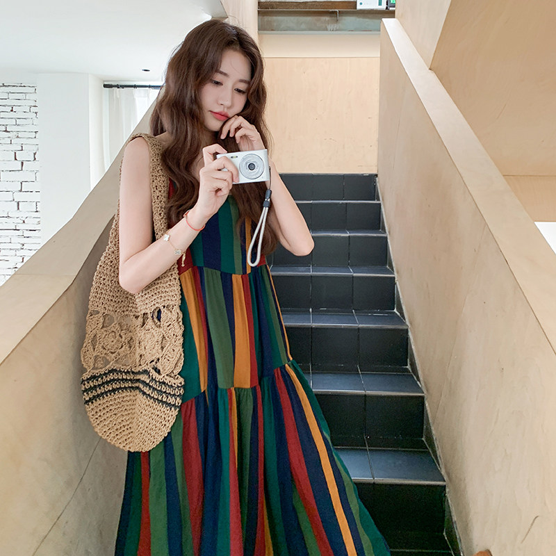 文艺复古日系彩色条纹吊带连衣裙女2025新款夏季艺术感度假风长裙图片