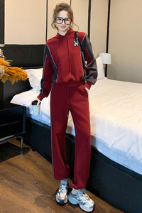 女春季连帽拼接束脚裤两件套优雅显高显瘦潮图片