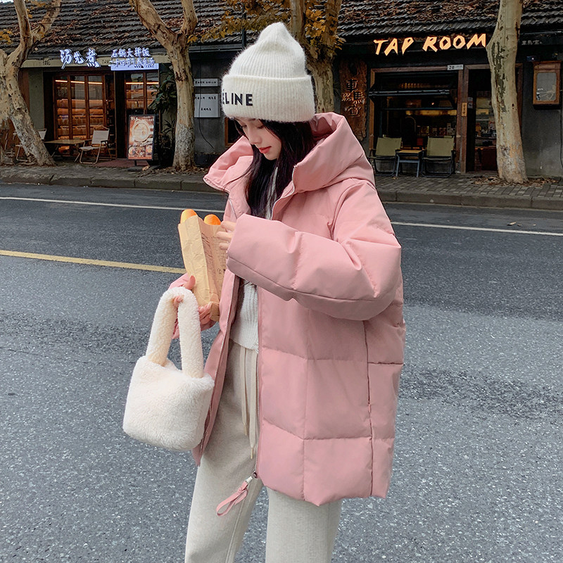 新款粉色白鸭绒羽绒服女中长款冬小个子学院风连帽宽松韩系图片