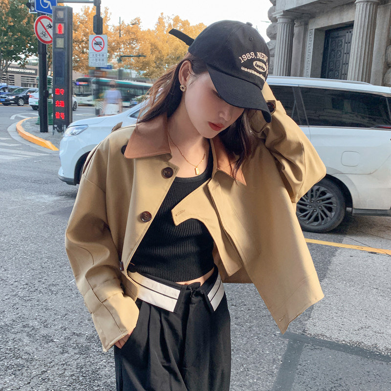 卡其色设计感撞色翻领短外套女2025秋新款宽松时髦小个子减龄上衣,女装短外套,2C098