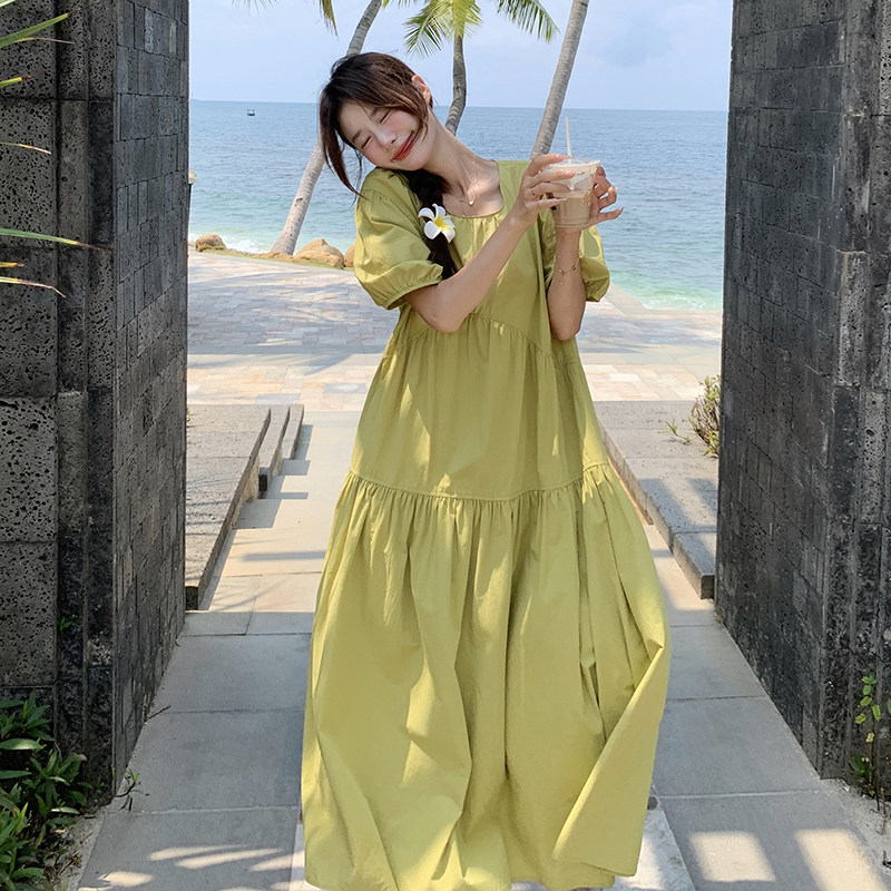 现货！果绿法式连衣裙显瘦松弛感绝美奶fufu长裙5068P120K178,女装连衣裙,2C166