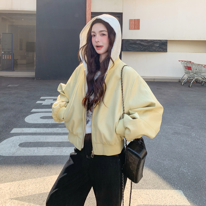 2B081-7707-P160-K238春季2026新款连帽短款皮衣夹克假两件外套,女装短外套,2B081