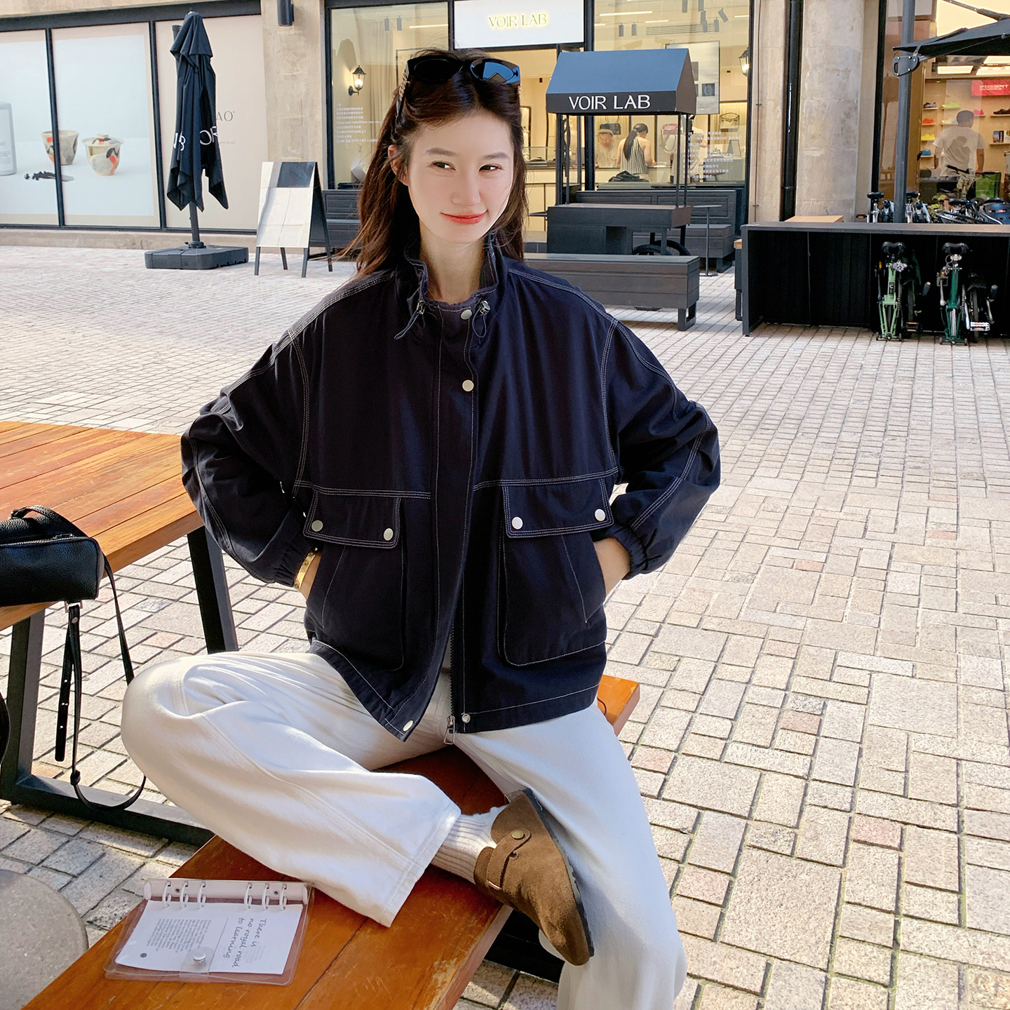 深蓝色明线拼接夹克短款外套女2025春秋季新款韩版显瘦工装冲锋衣,女装短外套,2C306