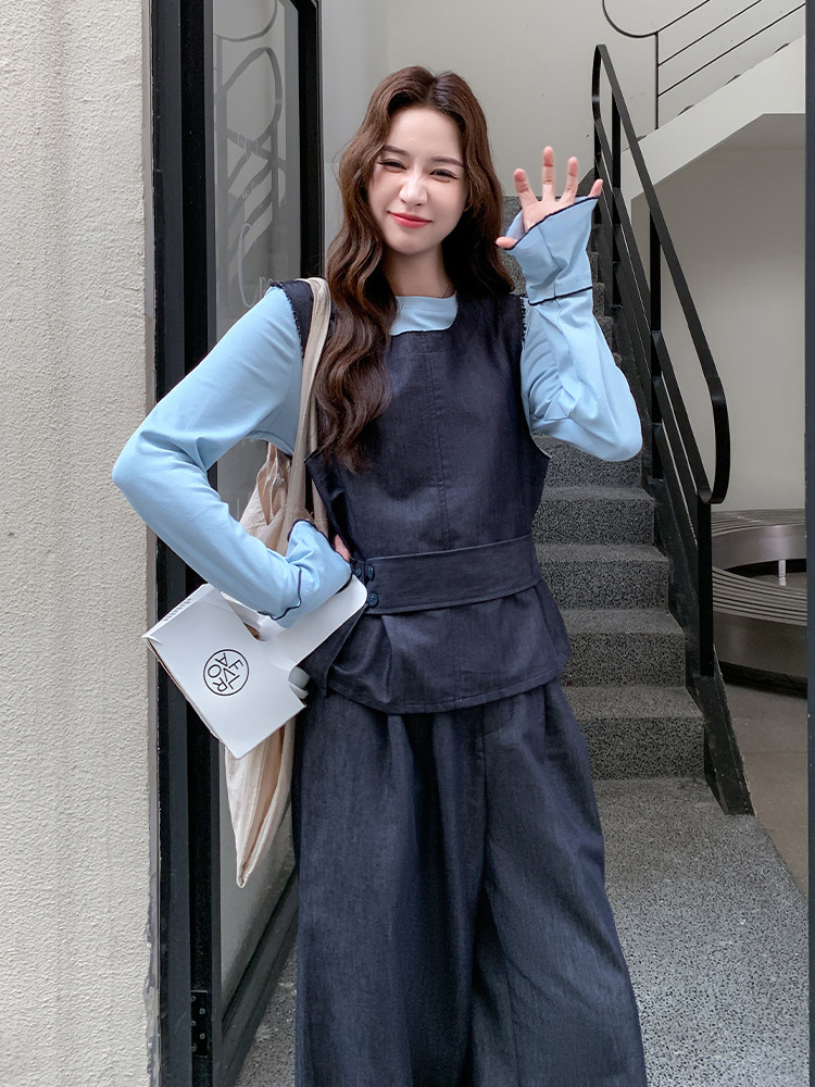 深蓝色复古高级感马甲套装女秋季2025新款气质休闲阔腿裤三件套,女装套装/套裙,2D034