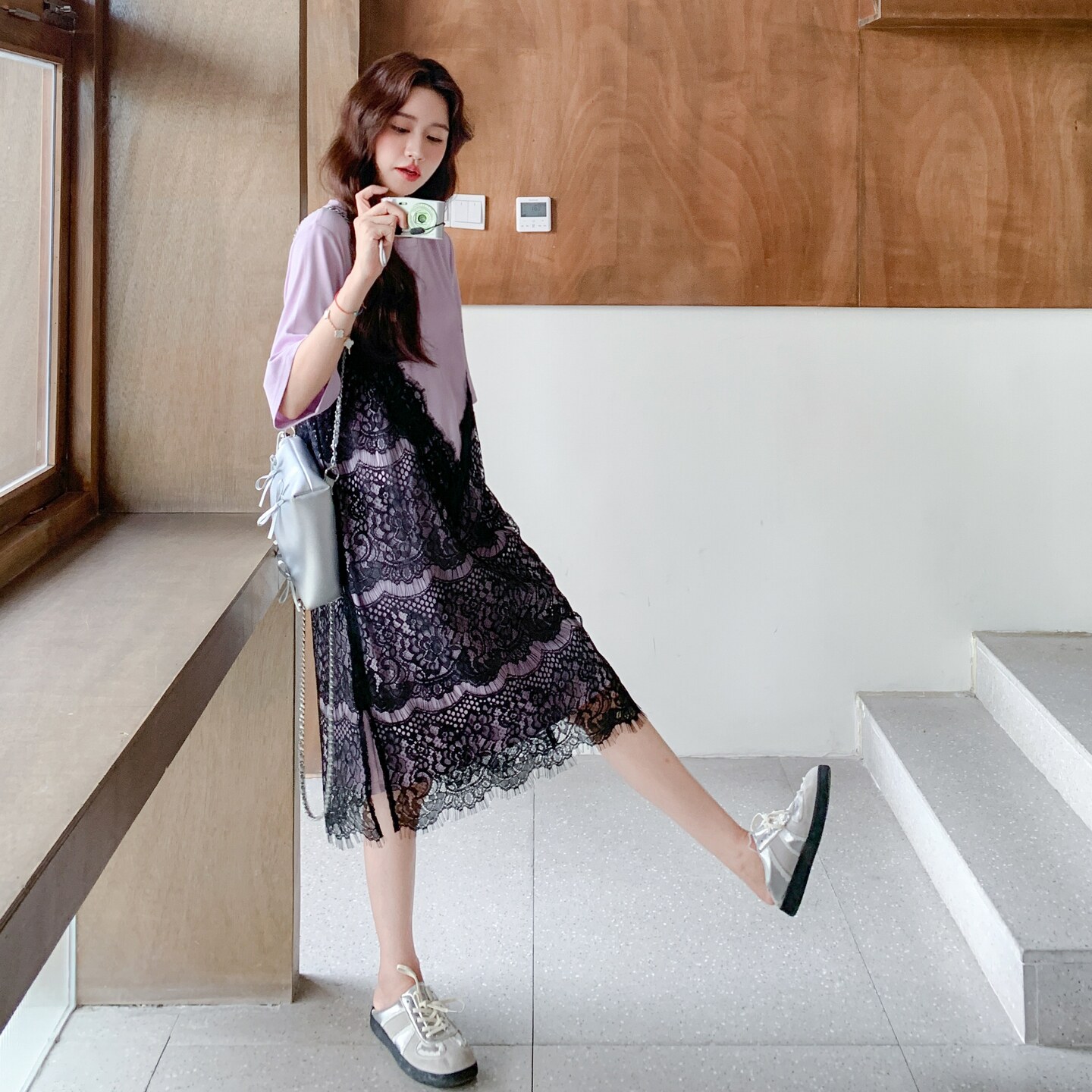 蕾丝拼接紫色T恤连衣裙女夏2025新款学院风小个子休闲爆款流行,女装连衣裙,2C206