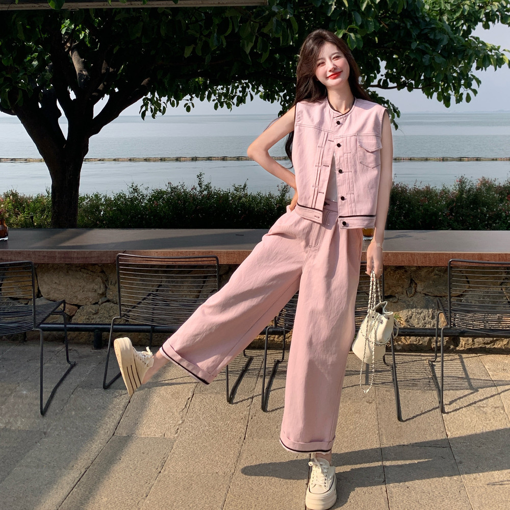 主推！2件套！2025年夏粉色时尚套装牛仔马甲+阔腿裤P175K248,女装套装/套裙,2C320