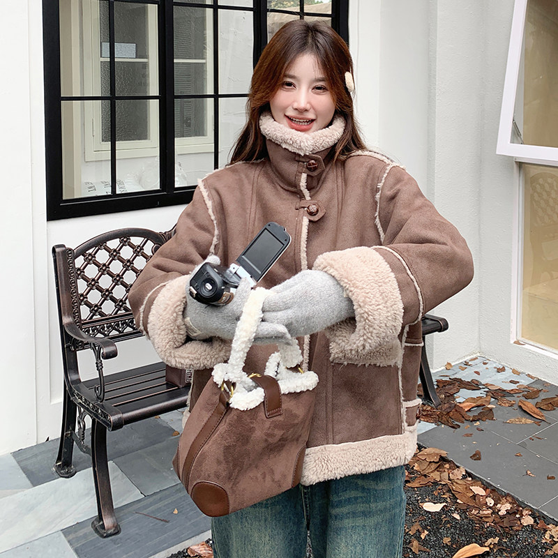 韩版复古美拉德皮毛一体棉服女2025年冬季新款显瘦短款羊羔毛外套,女装皮草,2C098