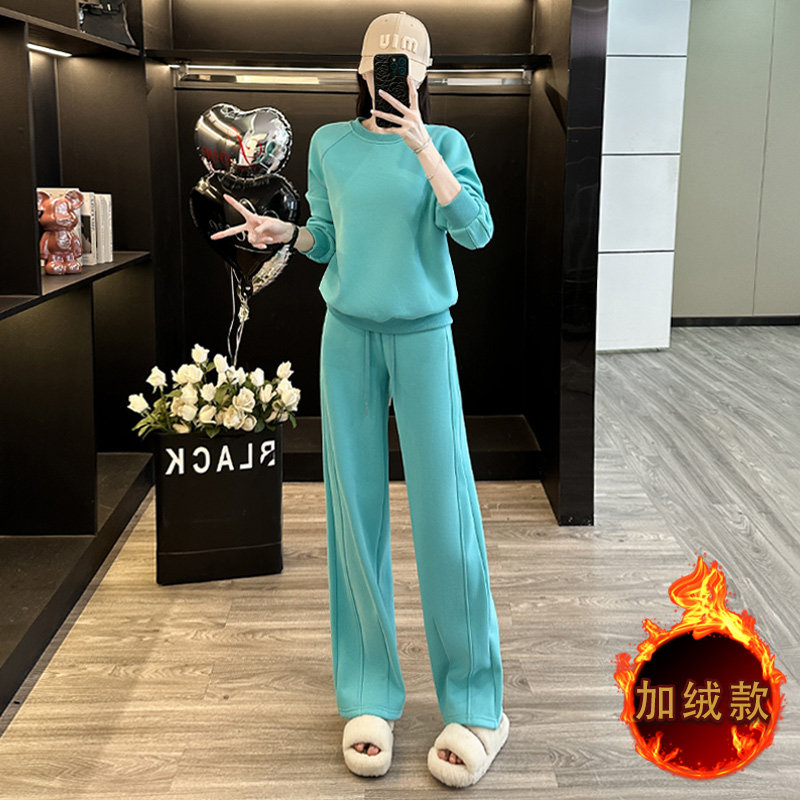 加绒加厚时髦显瘦圆领卫衣阔腿裤套装,女装套装/套裙,2C310