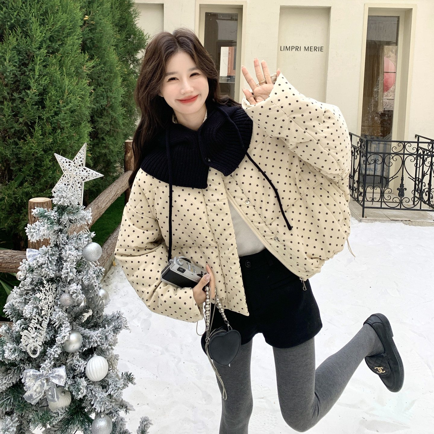 设计感韩系波点短款羽绒服女冬季小个子针织领加厚保暖面包服外套,女装羽绒服,2C166