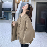 韩版宽松短款外套女2025冬季新款时尚卡其色翻领纽扣休闲百搭夹克，女装羽绒服，2C166