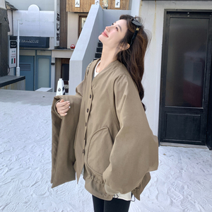 韩版宽松短款外套女2025冬季新款时尚卡其色翻领纽扣休闲百搭夹克图片