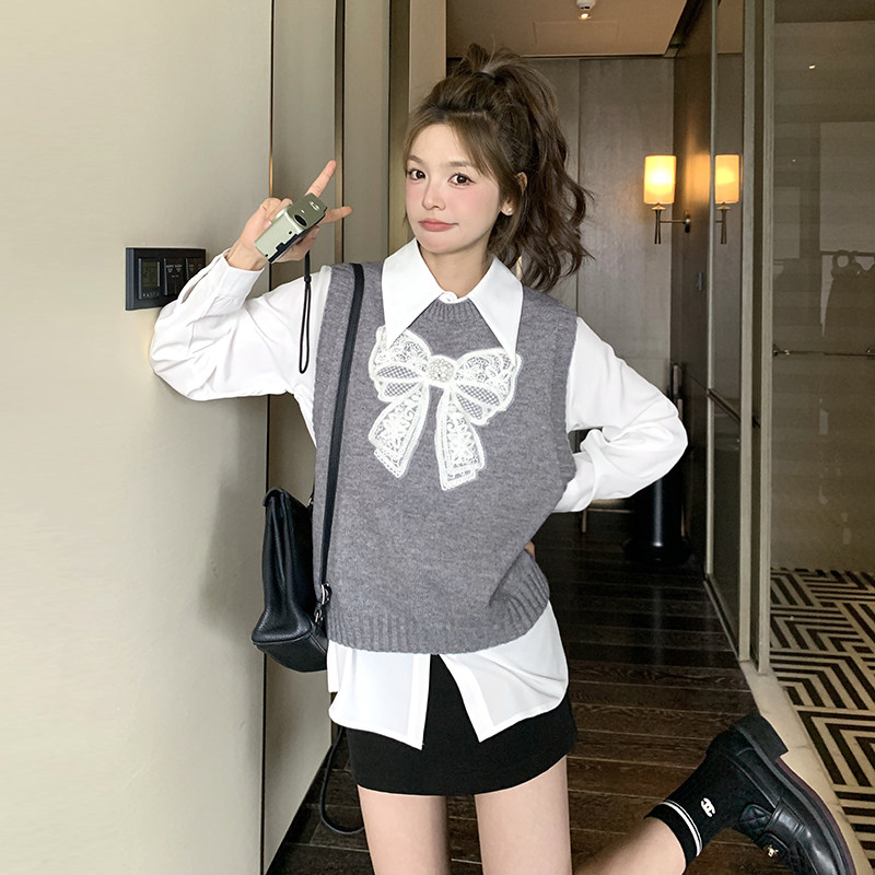 洋气衬衫蕾丝针织马甲上衣套装2025春秋新款韩系氛围感穿搭两件套,女装套装/套裙,2C166