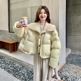 韩系黄色针织拼接翻领羽绒服女冬超火好看高级小众保暖加厚短外套，女装羽绒服，2C012