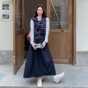 蓝色条纹披肩牛仔马甲半身裙套装三件套女2025早春秋韩里韩气穿搭图片