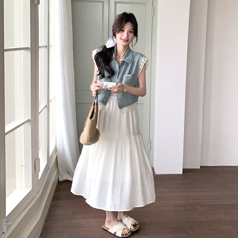 主推现货25夏装新款吊带+牛仔短袖外套两件套蕾丝拼接仙气套裙,女装套装/套裙,衣珂纱朗
