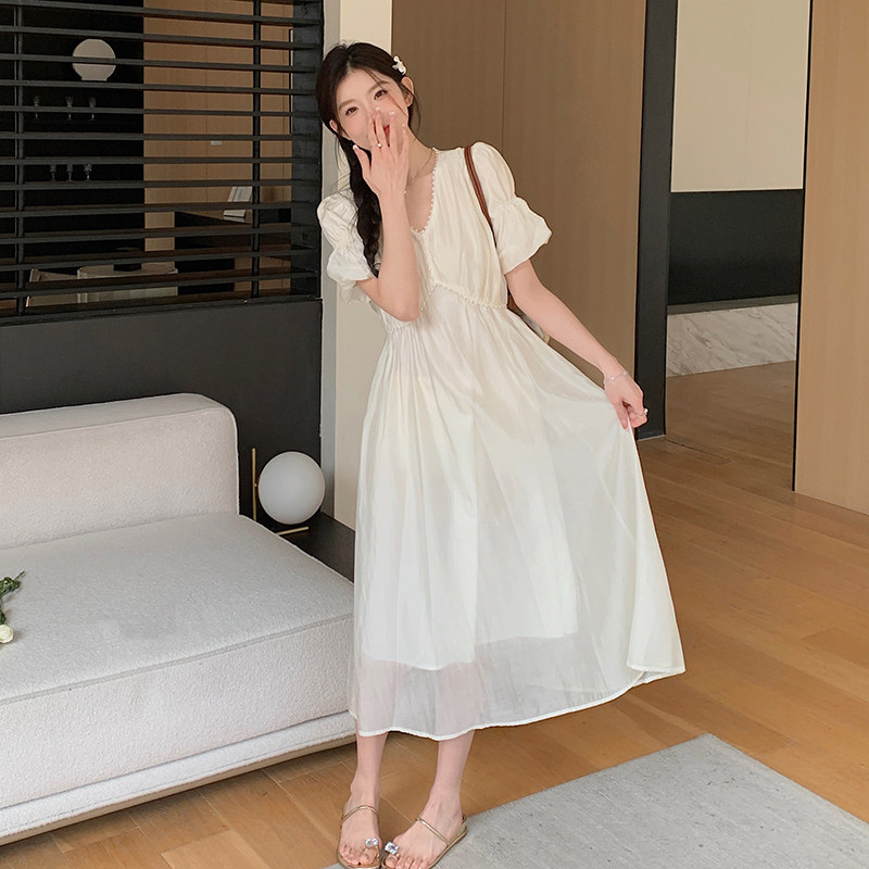 法式连衣裙女夏季2025年新款高级感收腰显瘦v领泡泡袖长裙,女装连衣裙,2C218