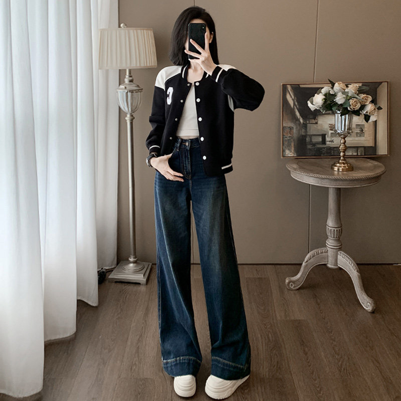 女春季黑白拼接卫衣阔腿牛仔裤两件套潮图片