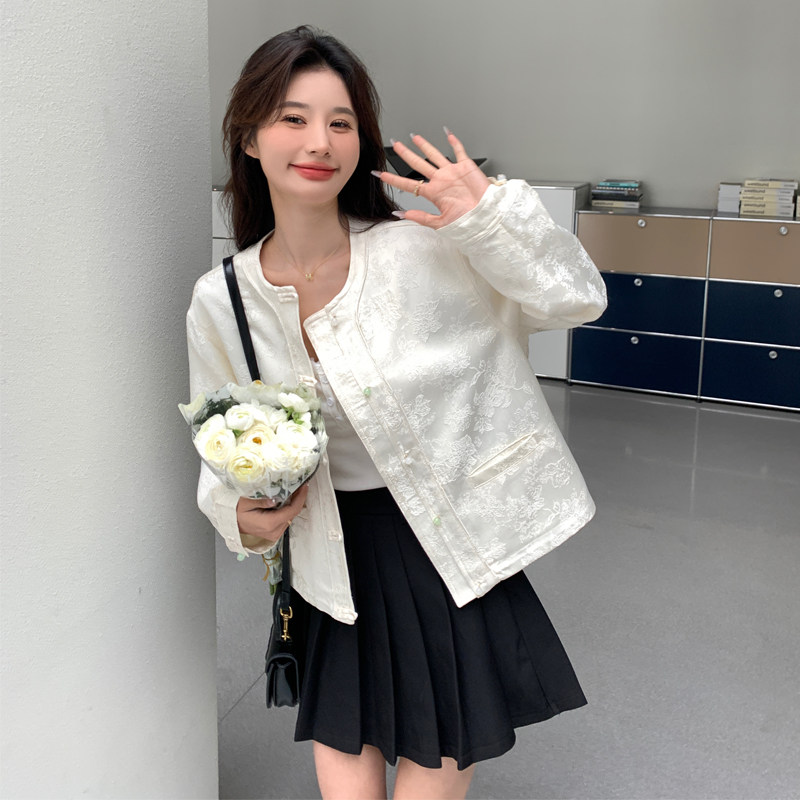 白色提花小香风国风外套女2025春季新款小个子新中式洋气百搭上衣,女装短外套,2D143