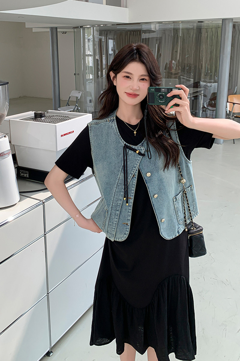 新中式黑色连衣裙女2025夏新款减龄休闲牛仔马甲T恤裙,女装连衣裙,2C029