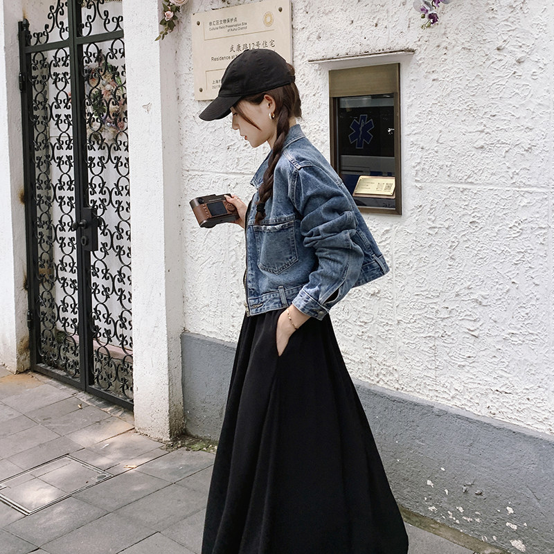 港风复古牛仔短外套背心裙女春秋2025新款韩系设计感气质两件套,女装短外套,2C166