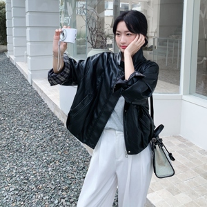 高级感格纹拼接黑色皮衣外套女春秋2025新款爆款巨好看PU夹克气质图片
