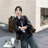 高级感立领咖色短款皮衣外套女春秋2025新款小个子PU夹克百搭超火，女装皮衣，2C092