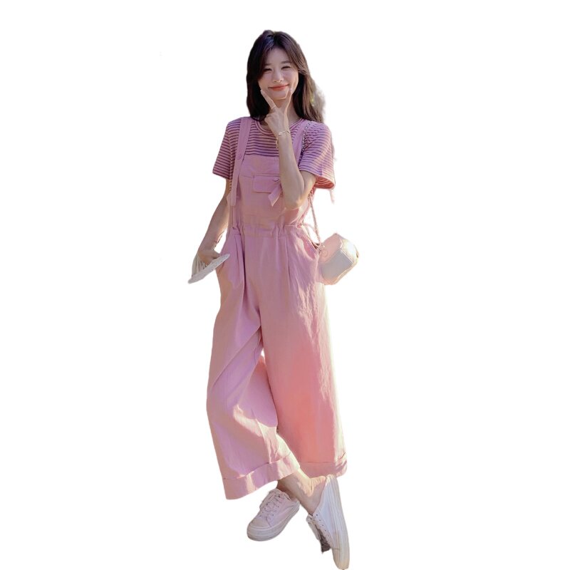 粉色韩版休闲盐系甜酷风背带裤套装女2025夏季新款条纹T恤两件套,女装套装/套裙,2B237