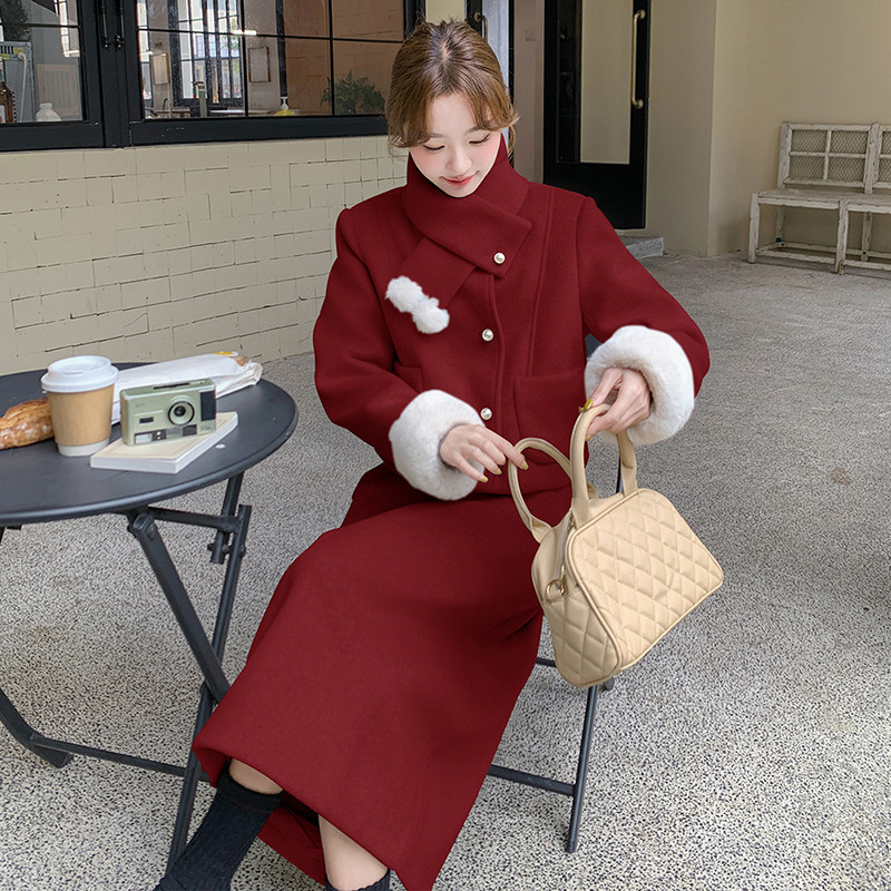 现货附买家秀围脖呢料羽绒内胆+半身裙套装8663款P235控338,女装套装/套裙,2C139