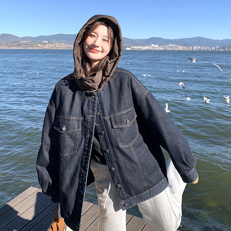 深蓝色牛仔连帽羽绒服女2024冬新款韩版宽松休闲小个子白鸭绒外套,女装羽绒服,2C113