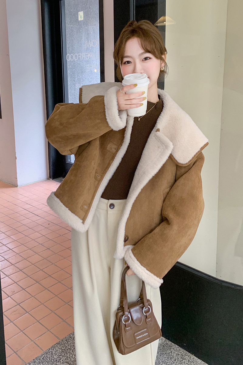 咖色羊羔毛宽松学院风皮毛一体外套韩系减龄棉服6086P195K288,女装棉衣/棉服,2C166
