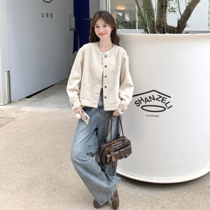 设计感复古显瘦圆领短外套女2025春秋季新款韩版宽松休闲夹克上衣图片