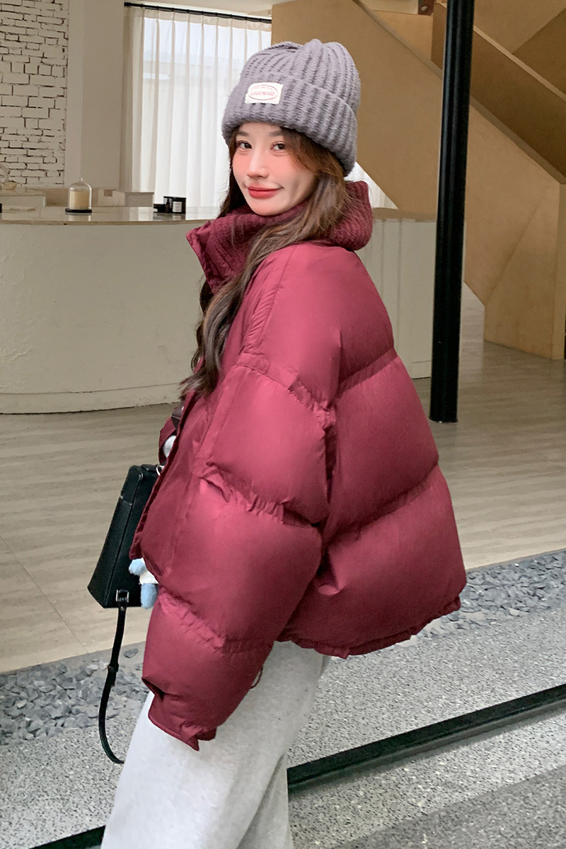 安可拉红拼接立领羽绒服女冬季新款韩系小个子加厚肯豆面包服外套,女装羽绒服,2C087