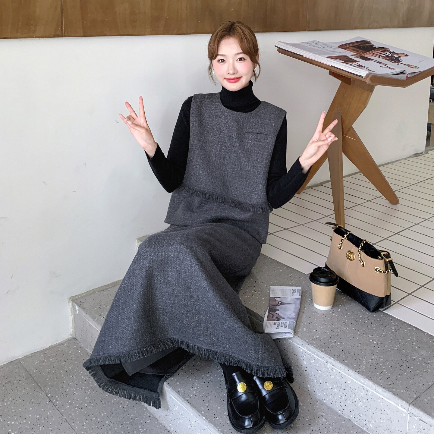 高级小众穿搭灰色马甲套装女春秋2025新款超火好看半身长裙三件套,女装套装/套裙,2D008