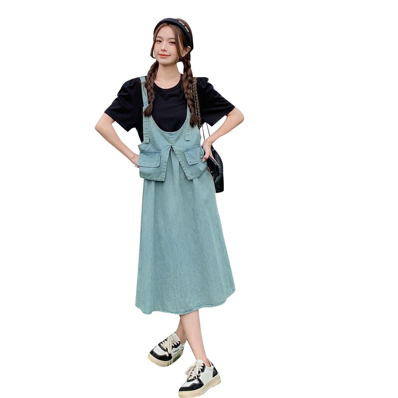 法式假两件拼接牛仔连衣裙女2025夏季新款韩版收腰显瘦气质长裙子,女装连衣裙,2C075