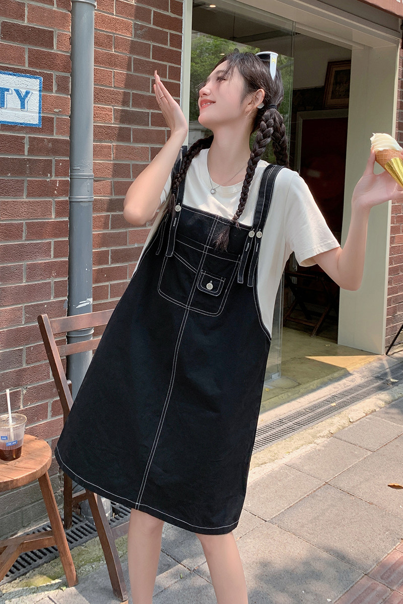 设计感假两件黑色背带裙夏季新款可盐可甜休闲显瘦小个子连衣裙女,女装连衣裙,2C053