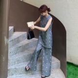 高级感国风新中式灰色印花无袖上衣套装女夏新款轻薄阔腿裤两件套，女装套装/套裙，2C098