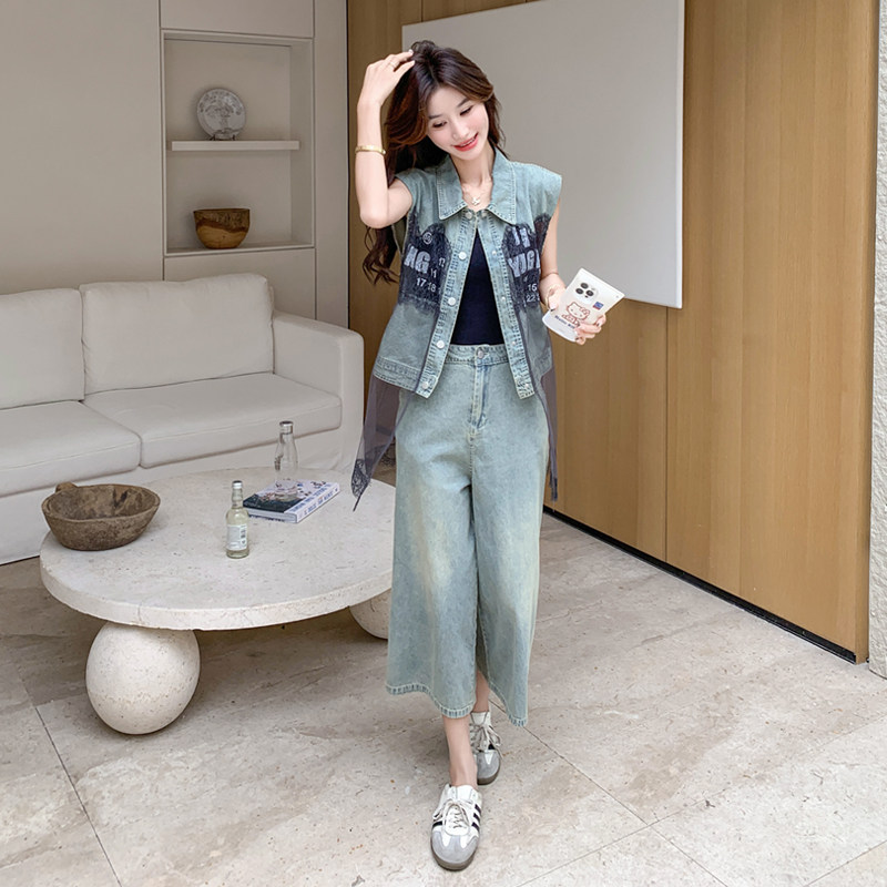 现货;夏装新款设计感拼接蕾丝牛仔马甲套装2C135-N8877P165K238,女装套装/套裙,2C135