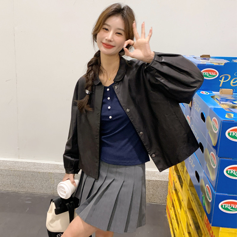 8801圆领单排扣黑色皮衣小外套女修身显瘦韩版pu短外套潮短款,女装皮衣,2D143