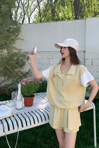 黄色假两件短袖卫衣裙裤套装女夏2025新款小个子两件套爆款高级感图片