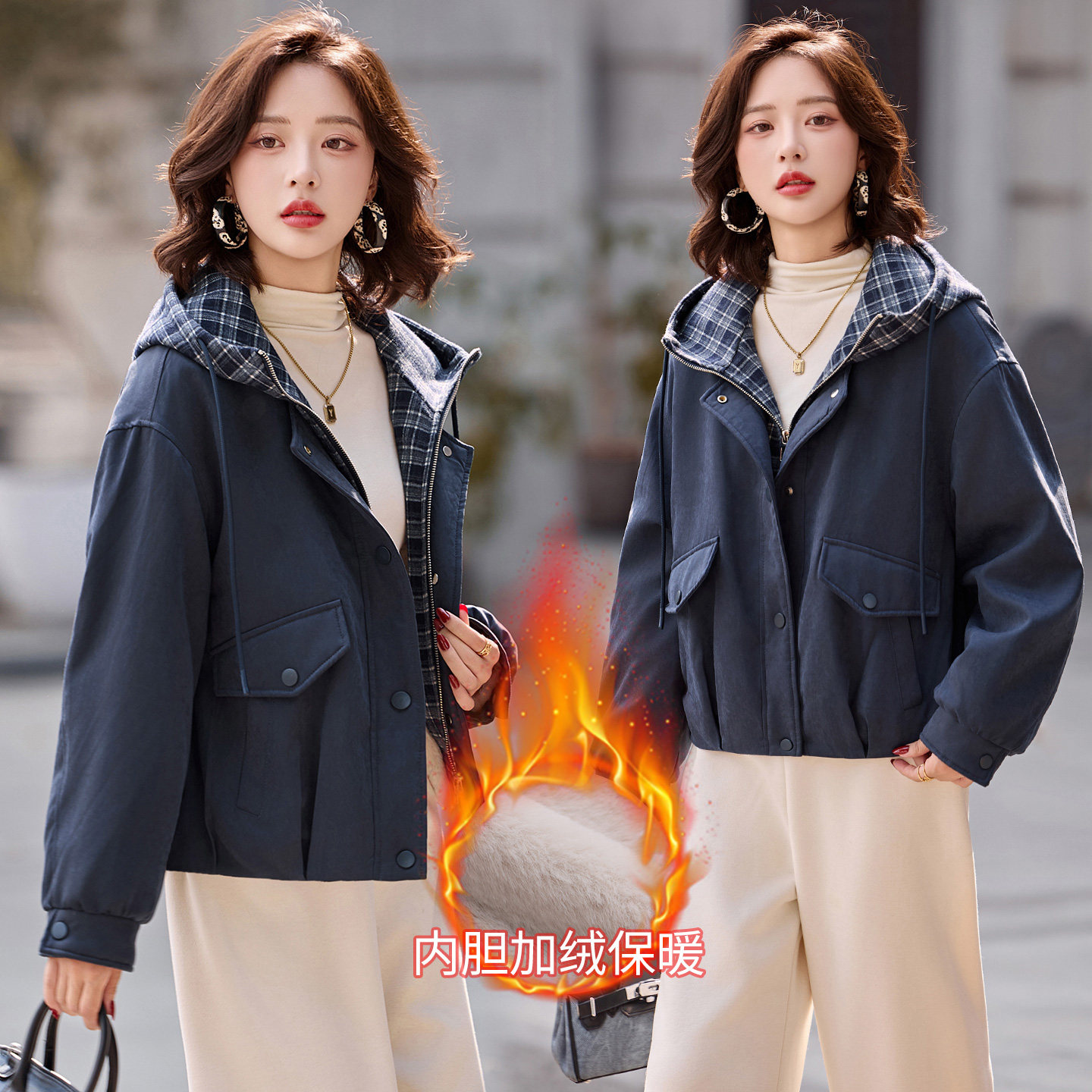 复古格纹拼接连帽加绒保暖外套女2025秋冬新款宽松时尚派克服棉服,女装短外套,英标秀（1C119）