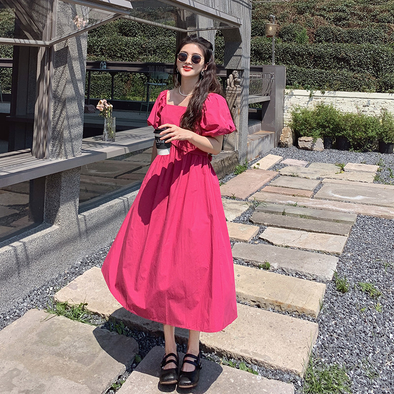 火龙果色方领泡泡袖连衣裙女夏2025新款茶歇法式甜美梨形身材长裙,女装连衣裙,2C112